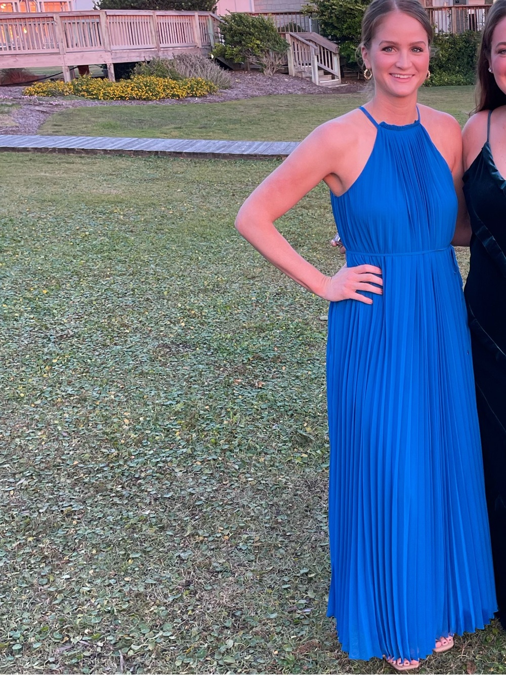 Pleated Halter Evening Gown - Blue